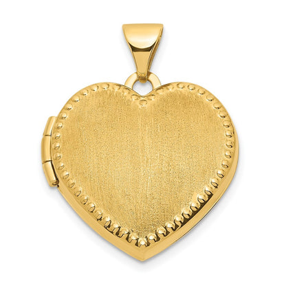 14k Yellow Gold Brushed Beaded Edge 18mm Heart Locket Pendant for Women
