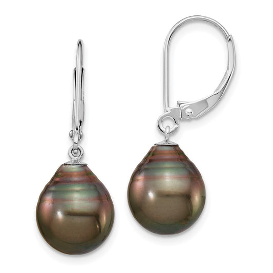 14k Gold 10mm Black Teardrop Tahitian Saltwater Cultured Pearl Dangle Earrings