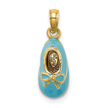 14k Yellow Gold 3-D  Enamel Baby Shoe  Bow Charm Pendant for Women