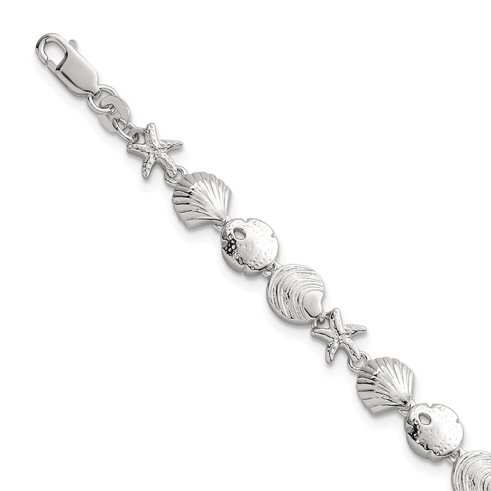 Sterling Silver  Textured Starfish, Sand Dollar, and Sea Shell 7.25" Bracelet