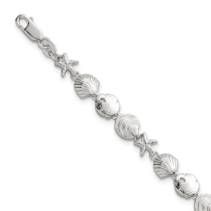 Sterling Silver  Textured Starfish, Sand Dollar, and Sea Shell 7.25" Bracelet