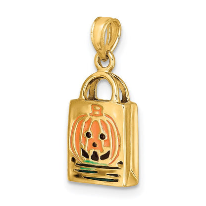 14k Yellow Gold 3-D Enameled Jack-o-Lantern Trick or Treat Bag Charm Pendant