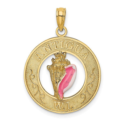 14k Yellow Gold ANTIGUA, WI Circle  Enamel Conch Shell Charm Pendant for Women
