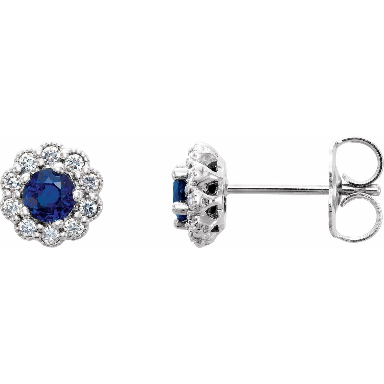 14k White Gold 3.2 mm Blue Sapphire and 1/8 CTW Diamond Stud Earrings