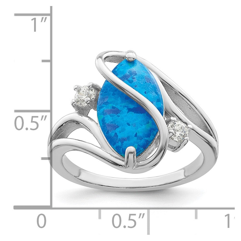 Sterling Silver Rhodium-plated Polished Blue Created Opal & CZ Twist Ring Size 6
