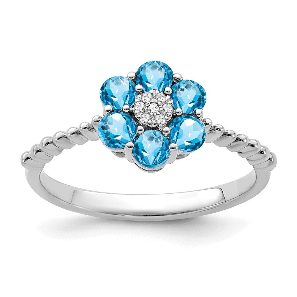 14k White Gold Blue Topaz and Diamond Floral Ring Size 7