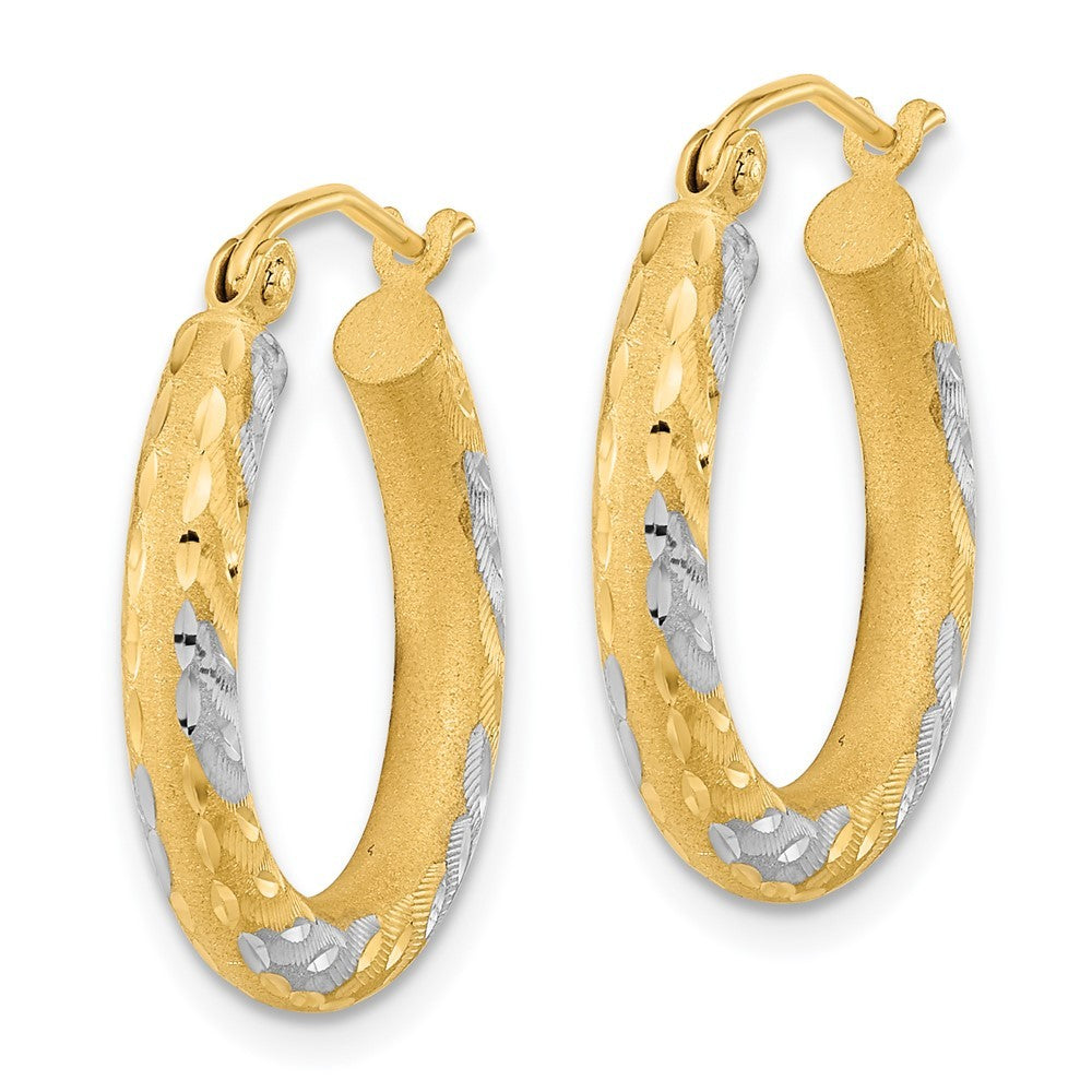 14k Yellow Gold White Rhodium Diamond-cut Satin Hoop Earrings