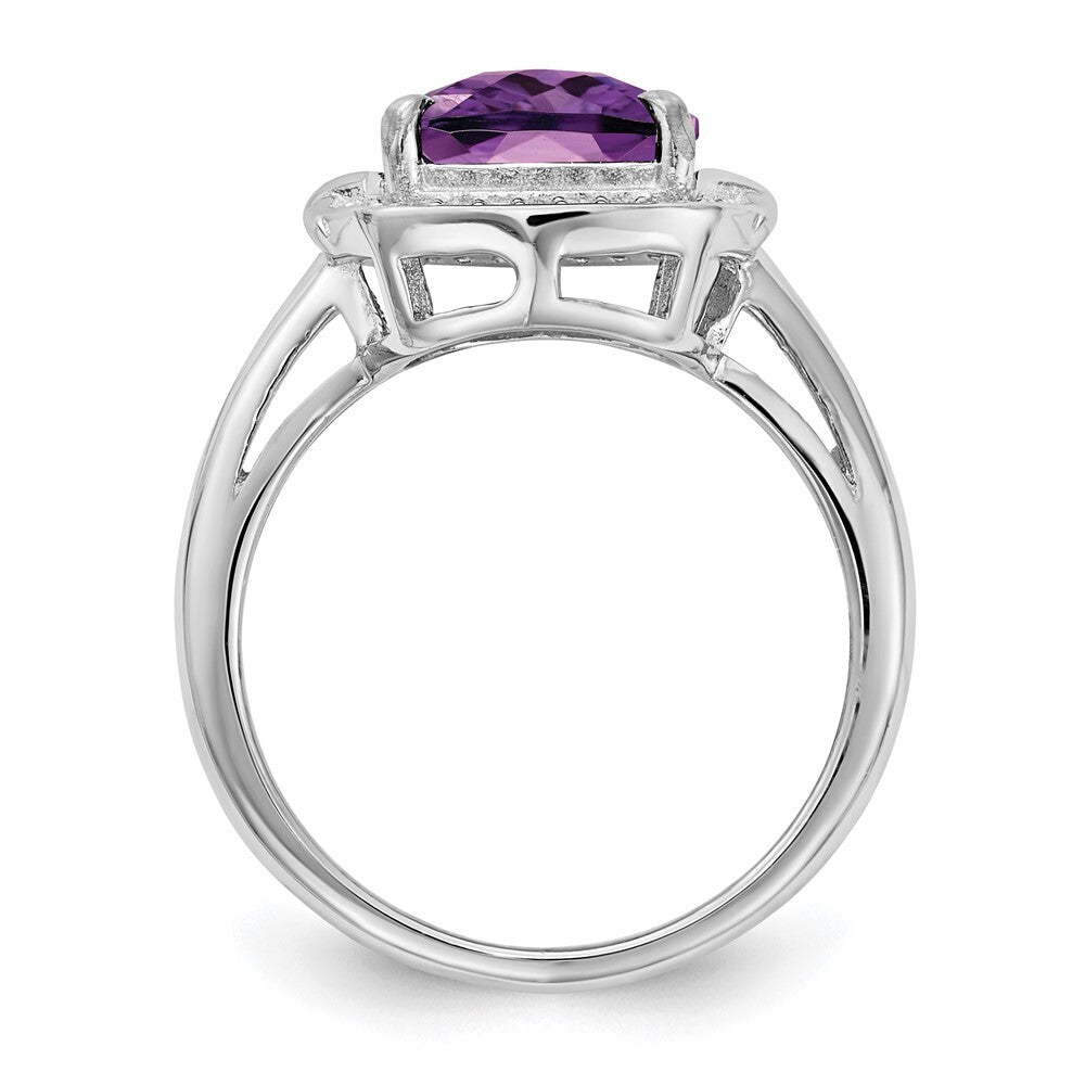 Sterling Silver Rhodium-plated Diamond & Checker-Cut Amethyst Ring Size 8