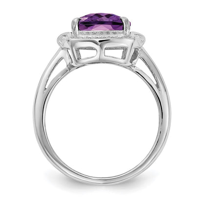 Sterling Silver Rhodium-plated Diamond & Checker-Cut Amethyst Ring Size 8