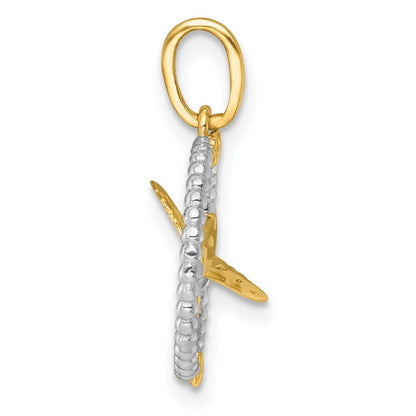 14k Yellow Gold White Rhodium Polished Flying Bird In Circle Stars Charm Pendant