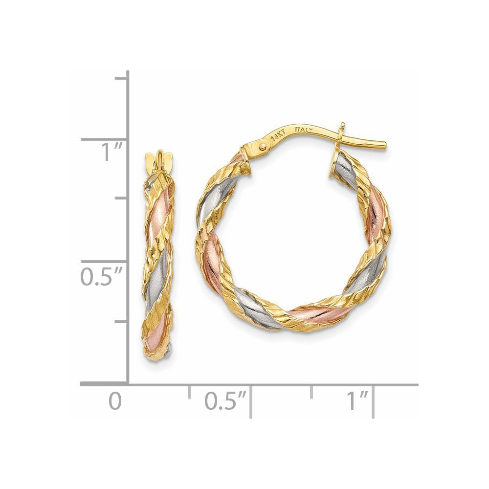 14k Yellow Gold with White & Rose Rhodium Textured Twisted Hoop Earrings