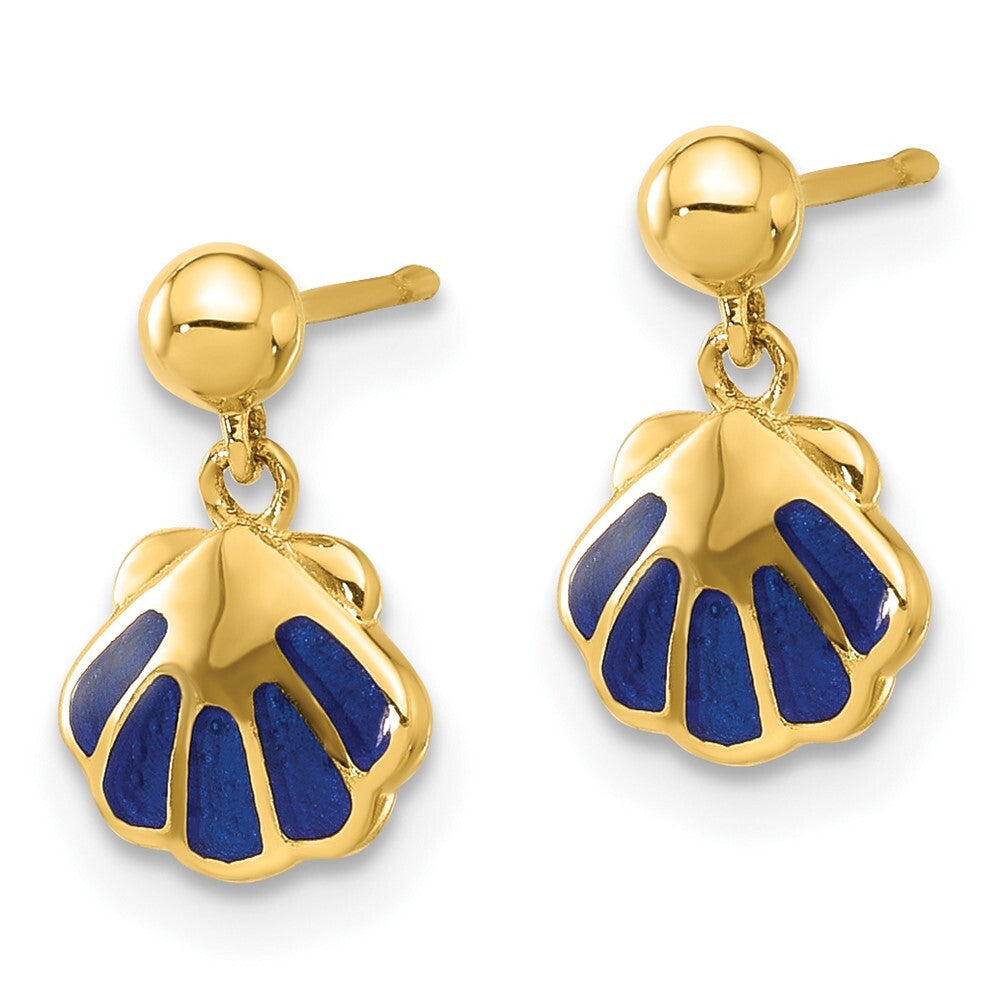 14k Yellow Gold Polished Blue Enameled Shell Dangle Earrings Gift for Women