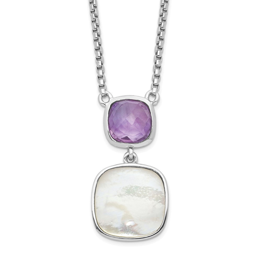 Sterling Silver Rhod-plated 3.68 Amethyst & Pearl Necklace 16"