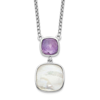 Sterling Silver Rhod-plated 3.68 Amethyst & Pearl Necklace 16"