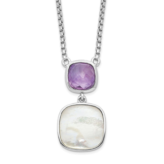 Sterling Silver Rhod-plated 3.68 Amethyst & Pearl Necklace 16"