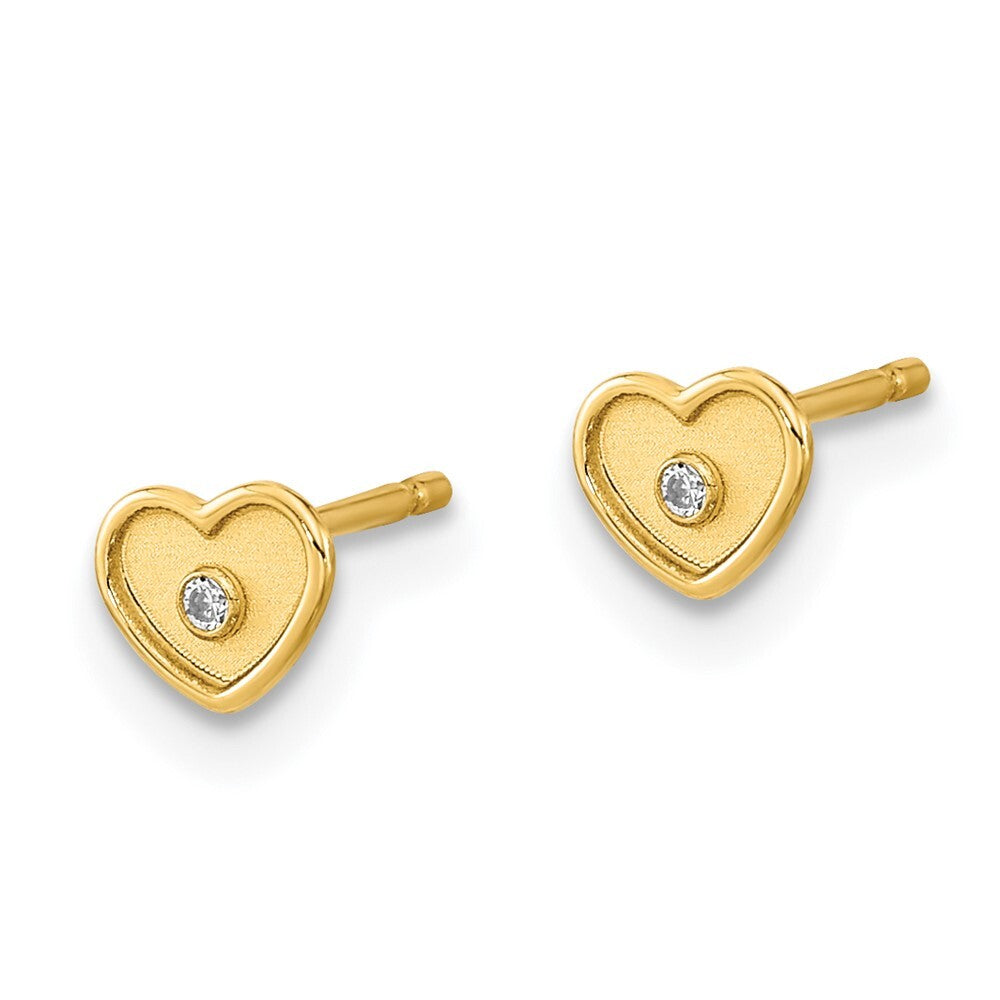14k Yellow Gold Polished & Brushed Cubic Zirconia Heart Stud Earrings