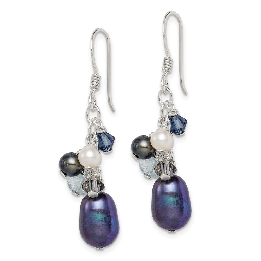Sterling Silver Polished Blue & Black Crystal Cultured Pearl Dangle Earrings
