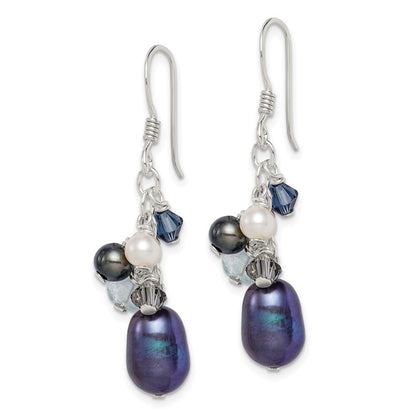 Sterling Silver Polished Blue & Black Crystal Cultured Pearl Dangle Earrings