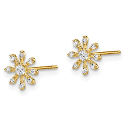 14k Yellow Gold Cubic Zirconia Flower Stud Earrings Gift for Women