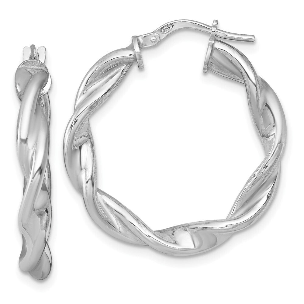 Sterling Silver RH-plated Polished and Twisted Round Hoop Earrings