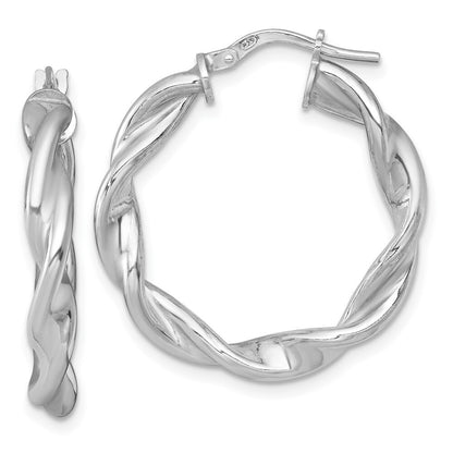 Sterling Silver RH-plated Polished and Twisted Round Hoop Earrings