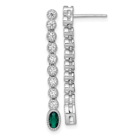 Sterling Silver Polished and Beaded Oval Green and Round CZ Dangle Earrings