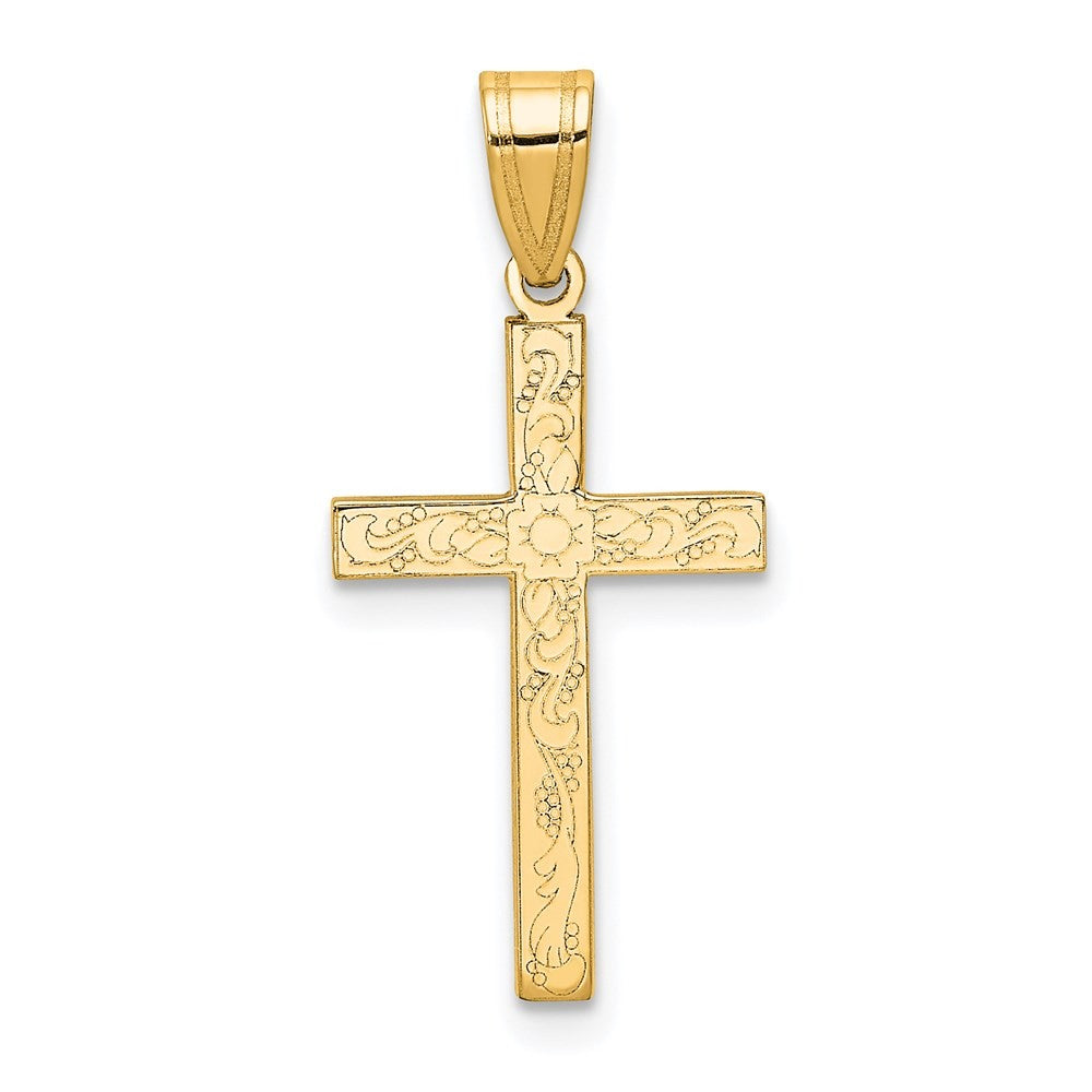 14k Yellow Gold Etched Floral Cross Pendant