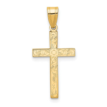 14k Yellow Gold Etched Floral Cross Pendant
