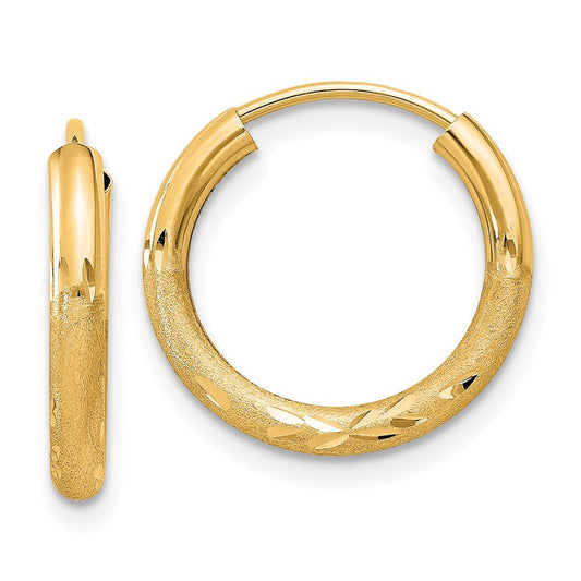 14k Yellow Gold 2mm Satin Diamond-cut Endless Hoop Earrings