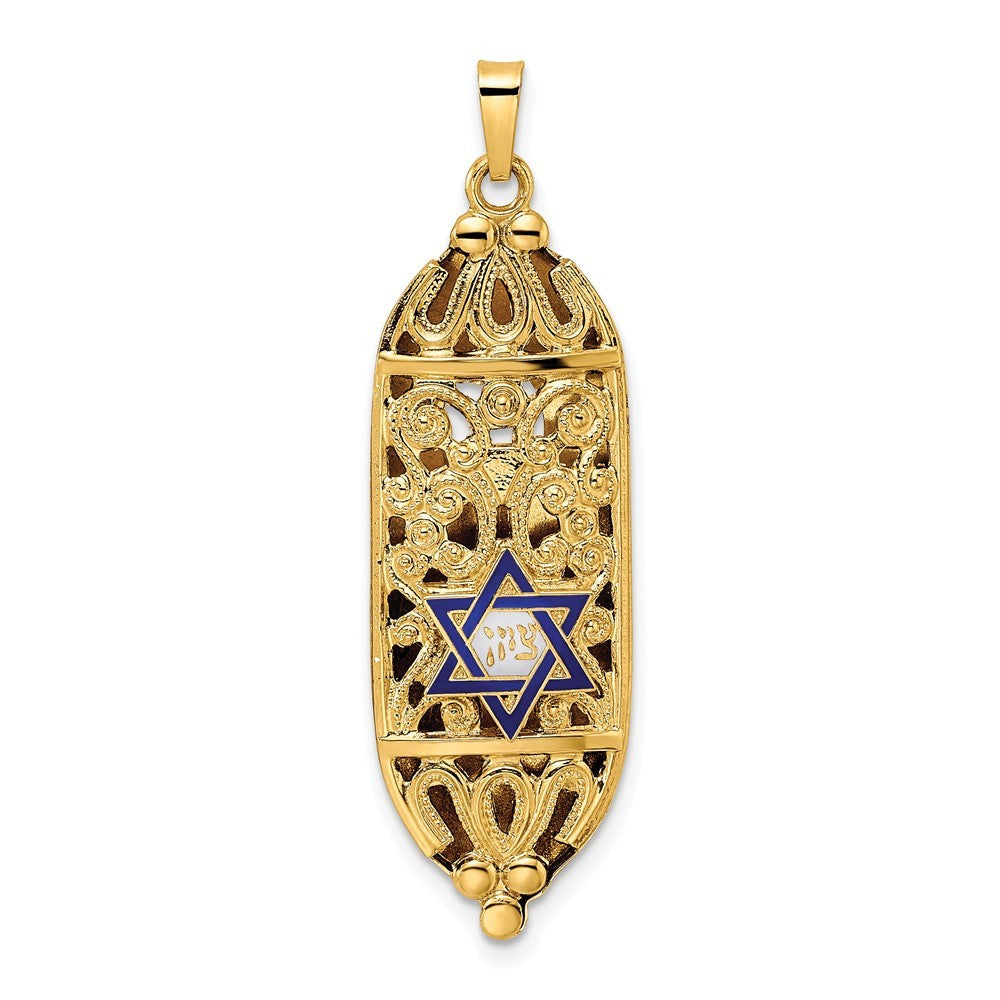 14k Yellow Gold Polished Mezuzah Enameled Star Pendant