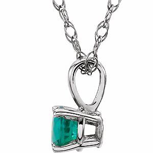 14k White Gold 3 mm Lab-Grown Emerald Youth Solitaire 14" Pendant Necklace