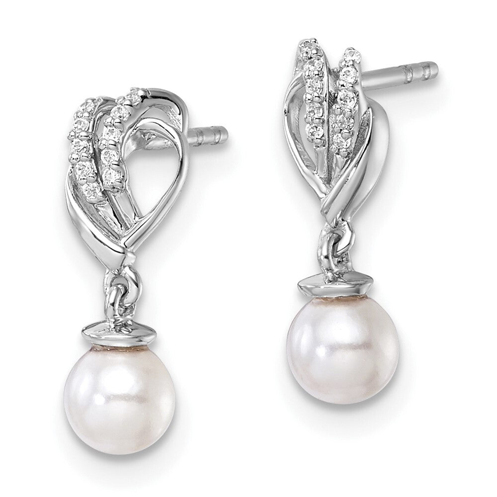 14K White Gold Polished Diamond and Pearl Dangle Earrings