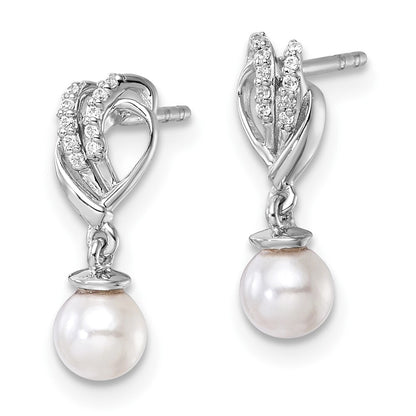 14K White Gold Polished Diamond and Pearl Dangle Earrings
