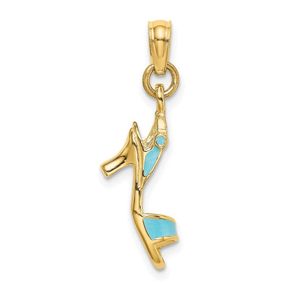 14k Yellow Gold 3-D Aqua Enamel Open Toe High Heel Charm