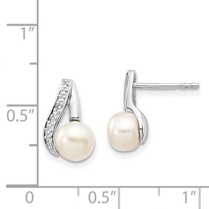 14k White Gold 6-7mm Button FWC Pearl .02ct Diamond Drop & Dangle Earrings
