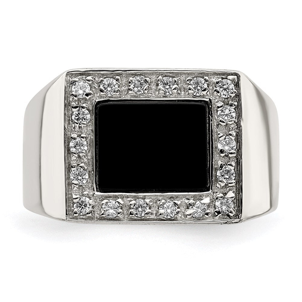 Sterling Silver Rhodium-plated Men's Cubic Zirconia & Onyx Ring Size 9