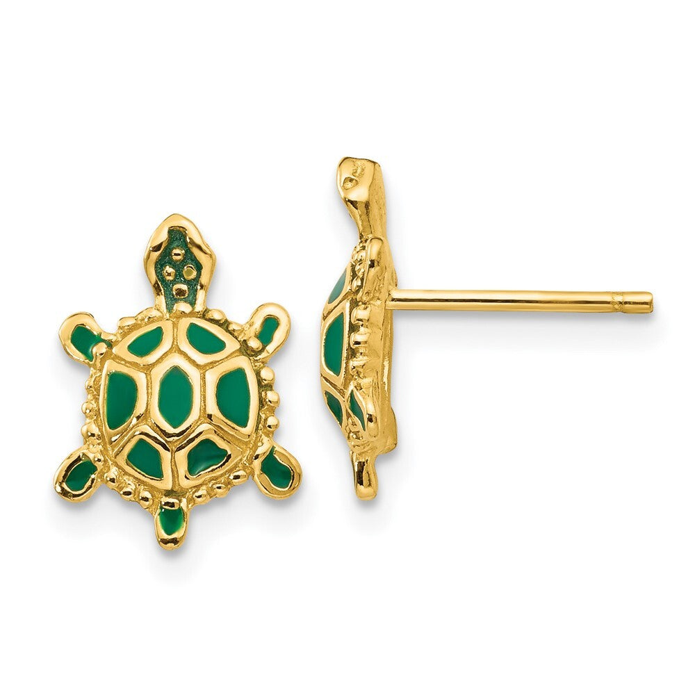 14k Yellow Gold Green Enameled Turtle Stud Earrings Gift for Women