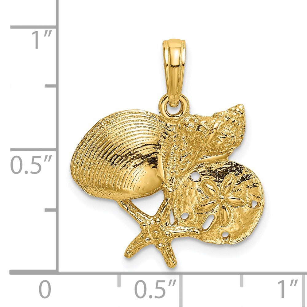 14k Yellow Gold Polished Shell, Starfish and Sand Dollar Cluster Charm Pendant