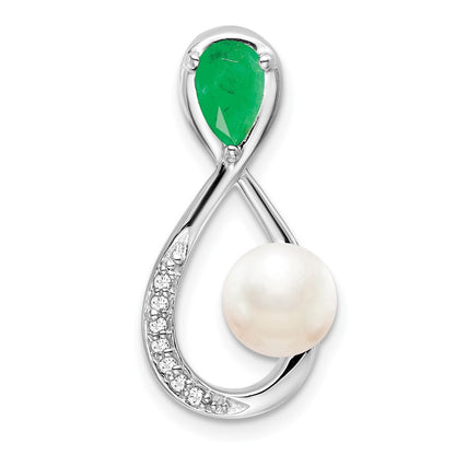 14k White Gold Emerald/FWC Pearl/Diamond Infinity Chain Slide Pendant for Women