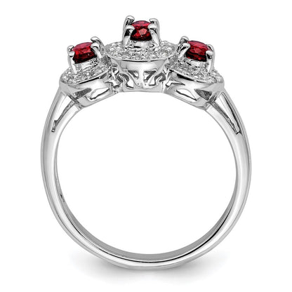 Sterling Silver Rhodium-plated 3 Stone Garnet & Diamond Ring Size 7