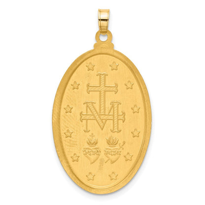 14k Yellow Gold with Rhodium Satin Polished Miraculous Medal Solid Oval Pendant