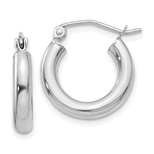 14K White Gold Polished 3mm Lightweight Tube Hoop Earrings Gift for Women