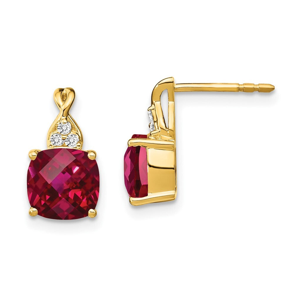 14k Yellow Gold Checkerboard Created Ruby and Diamond Drop & Dangle Earrings