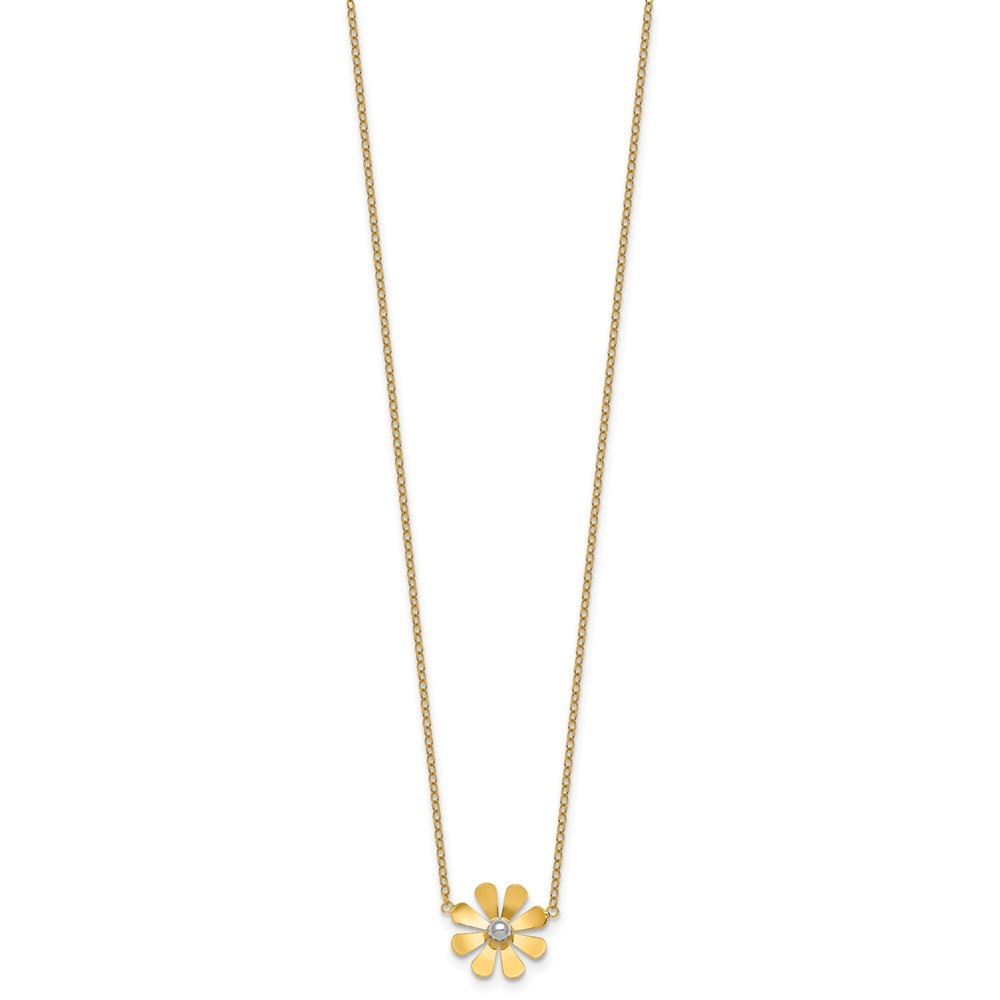 14k Yellow Gold Polished Daisy with White Rhodium Center Necklace 16+2"