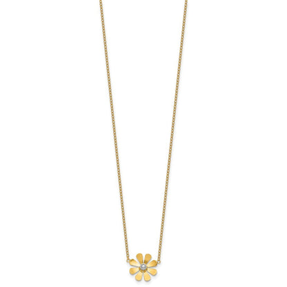 14k Yellow Gold Polished Daisy with White Rhodium Center Necklace 16+2"