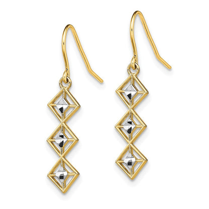 14k Yellow Gold w/Rhodium Fancy Diamond-cut Dangle Wire Earrings