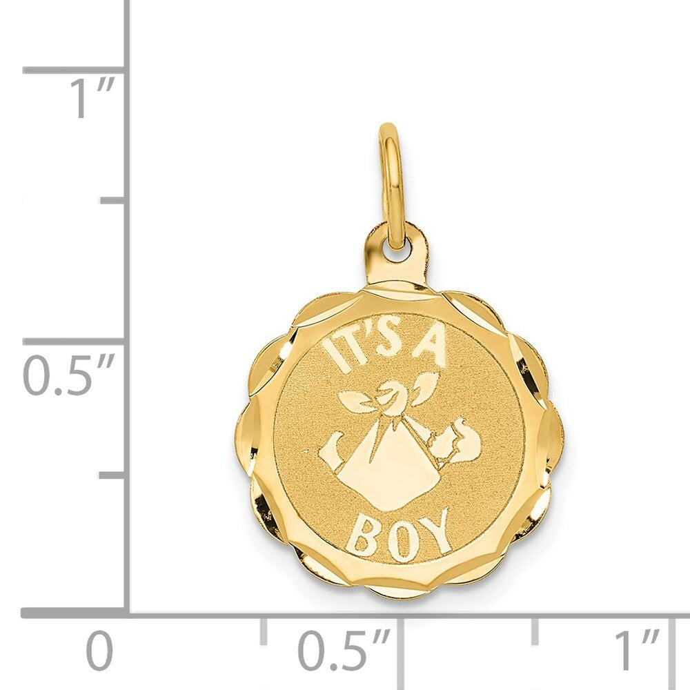 14k Yellow Gold Polished IT'S A BOY Scalloped Disc Charm Pendant for Women