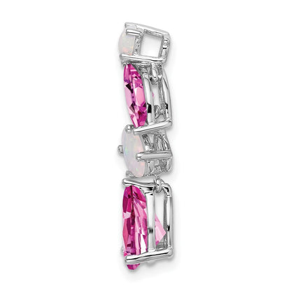 14k White Gold Created Pink Sapphire and Opal Chain Slide Pendant for Women