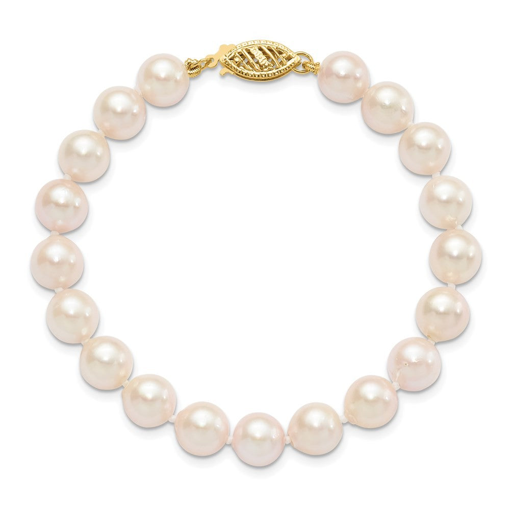 14k Yellow Gold 7-8mm White Round Akoya Saltwater Cultured Pearl 7 inch Bracelet