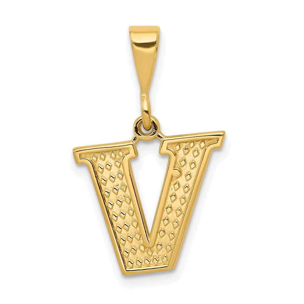 14k Yellow Gold Textured Initial V Charm Pendant for Women